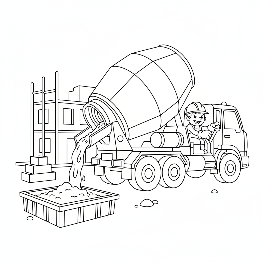 Truck cement mixer spinning drum construction site pour - Free Printable Coloring Page