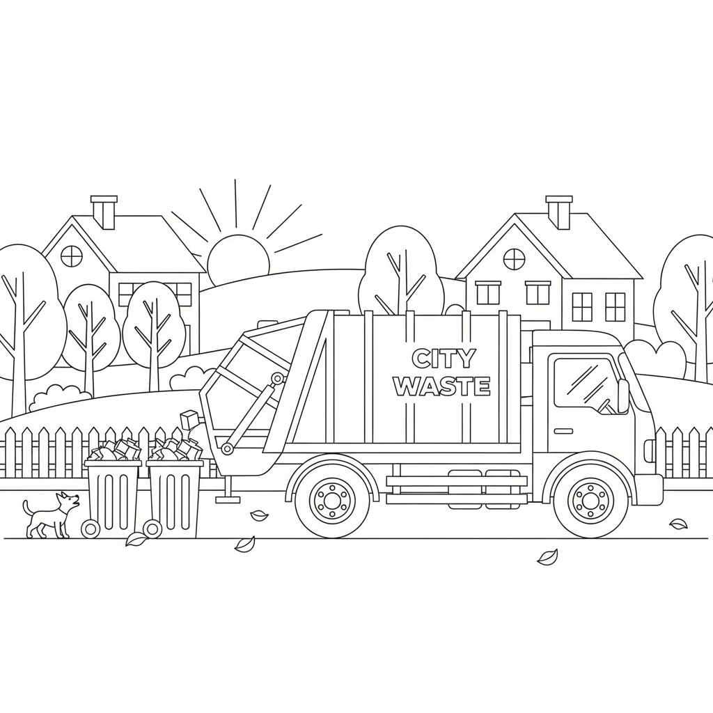 Truck garbage collection early morning neighborhood route - Free Printable Coloring Page
