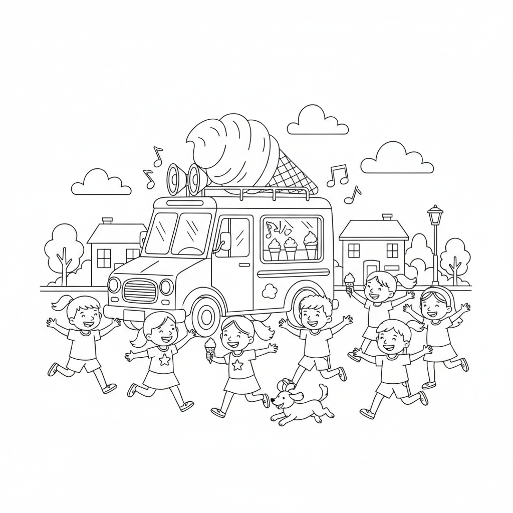Truck ice cream jingle playing neighborhood kids running - Free Printable Coloring Page