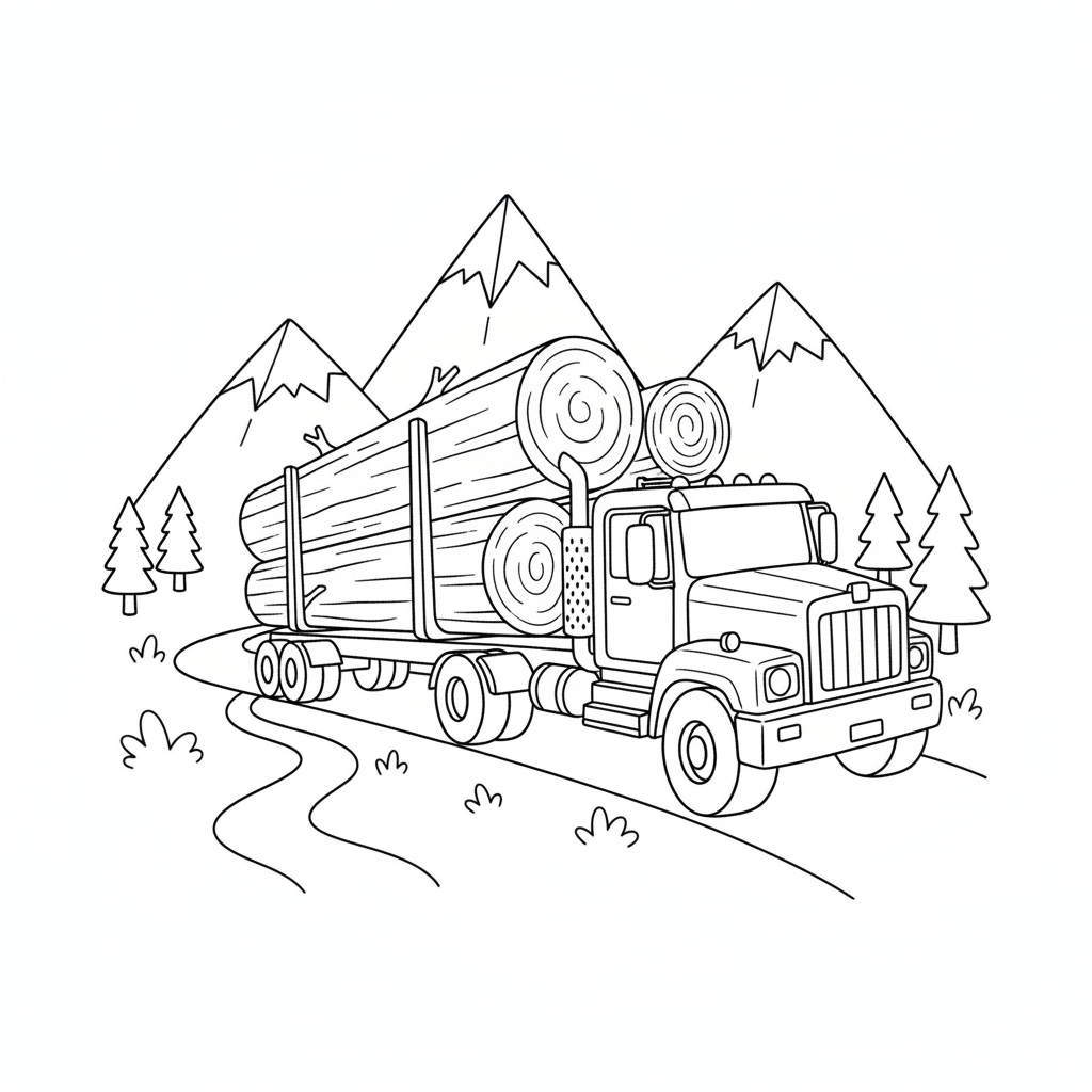 Camiones madereros transportando enormes troncos de árboles por la carretera de montaña - Página para colorear gratis