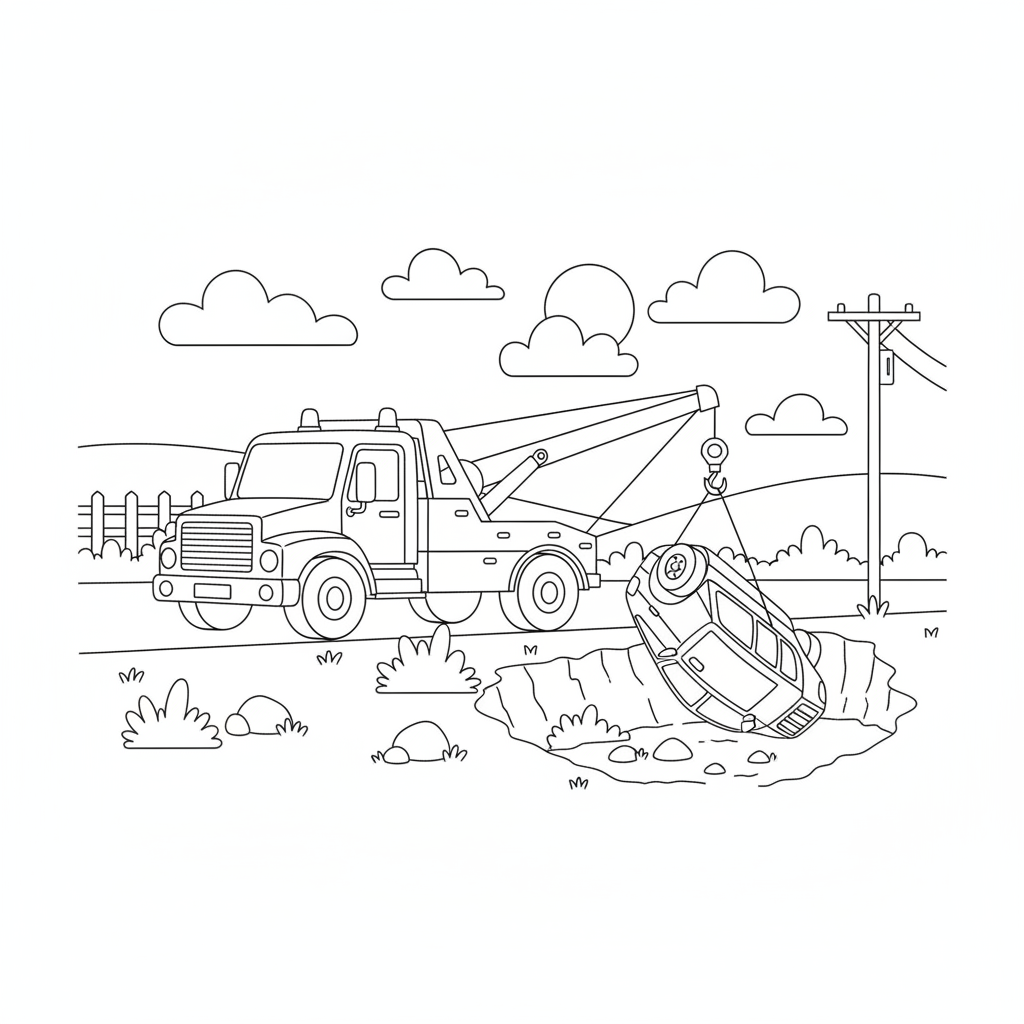 Un camion de dépannage dégage une voiture du fossé en bord de route - Coloriage gratuit à imprimer