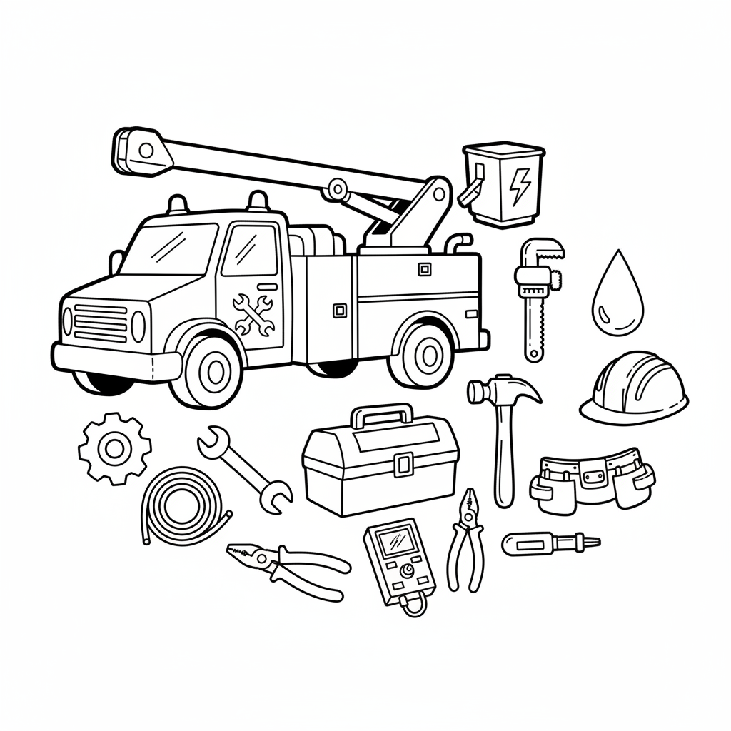 Camion di servizio riparazione elettricista idraulico strumenti - Free Printable Coloring Page Camion di servizio riparazione elettricista idraulico strumenti - Free Printable Coloring Page