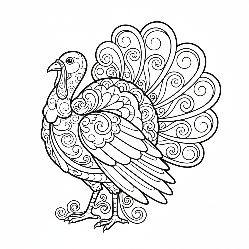 Art Nouveau style turkey with flowing decorative feather lines and organic curves - Free Printable Coloring Page
