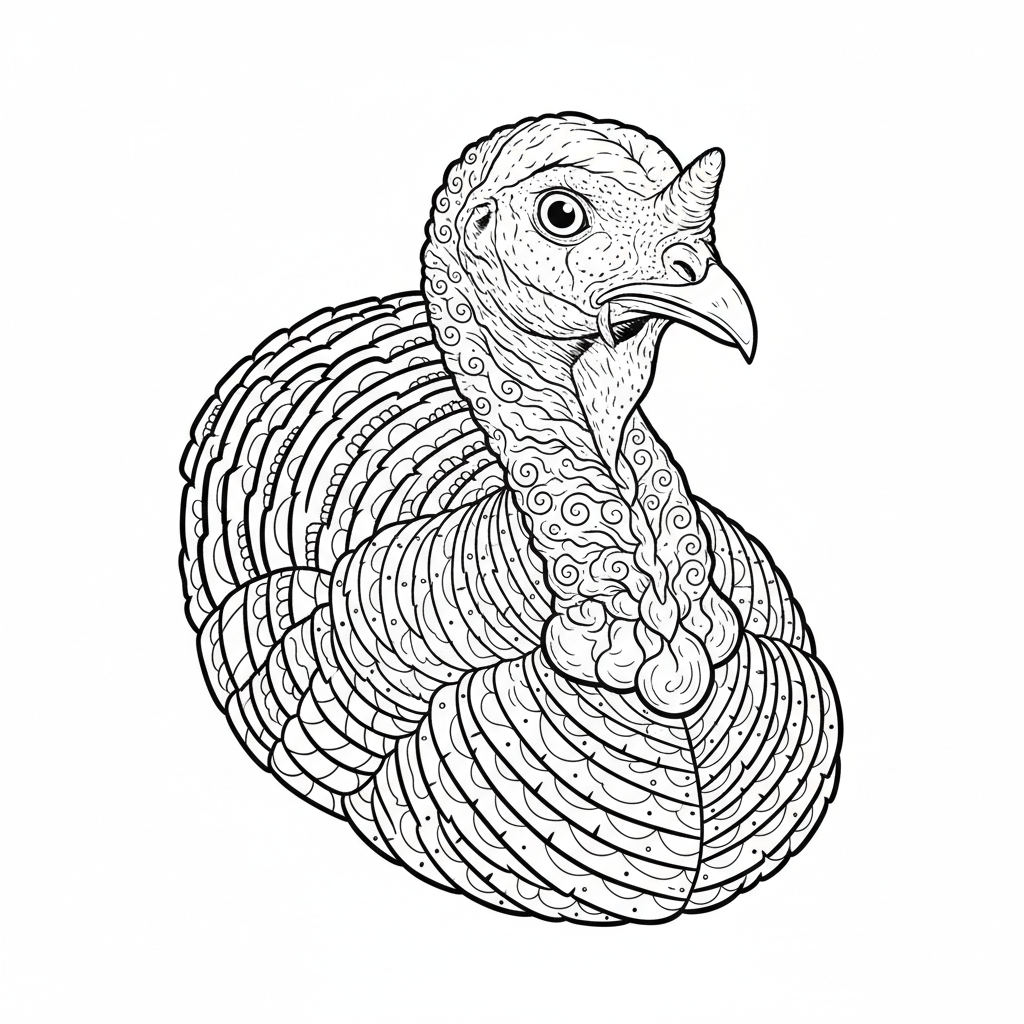 Detailed realistic wild turkey portrait with intricate feather patterns and textures - Free Printable Coloring Page Detailed realistic wild turkey portrait with intricate feather patterns and textures - Free Printable Coloring Page