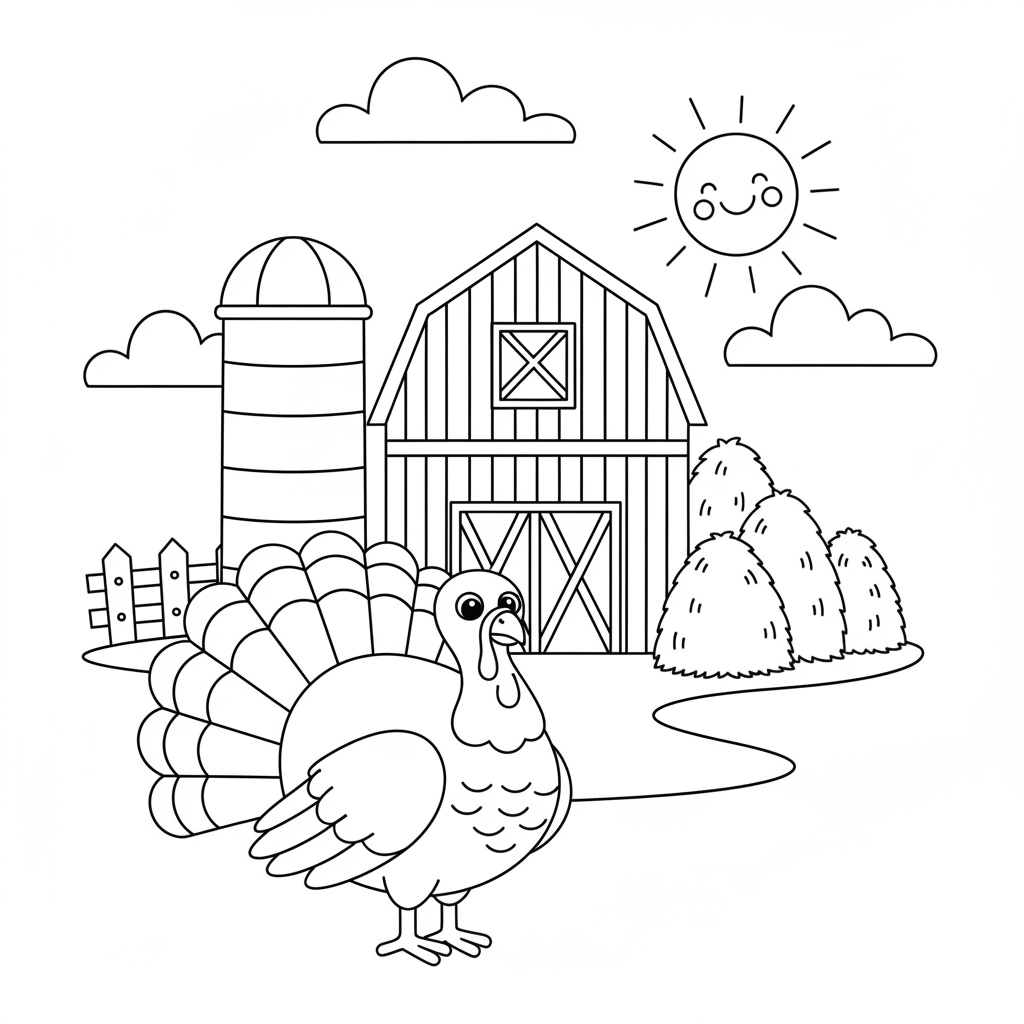 Farm scene with turkey in foreground and red barn silo and haystacks behind - Free Printable Coloring Page Farm scene with turkey in foreground and red barn silo and haystacks behind - Free Printable Coloring Page