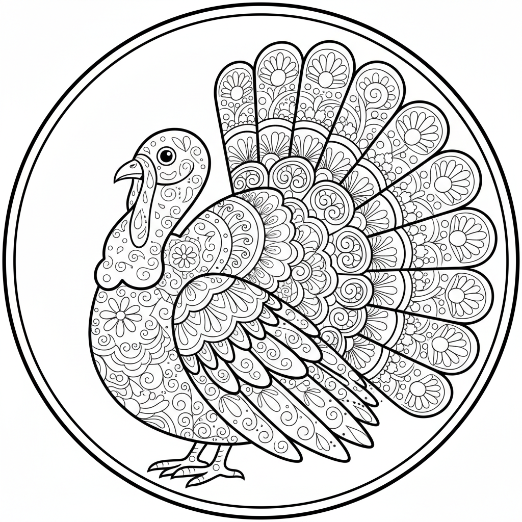 Ornate turkey with paisley and floral patterns filling the feathers mandala style - Free Printable Coloring Page Ornate turkey with paisley and floral patterns filling the feathers mandala style - Free Printable Coloring Page