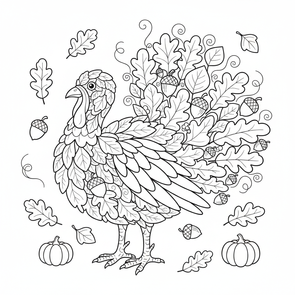 Turkey composed of autumn leaves acorns and fall botanical elements - Free Printable Coloring Page