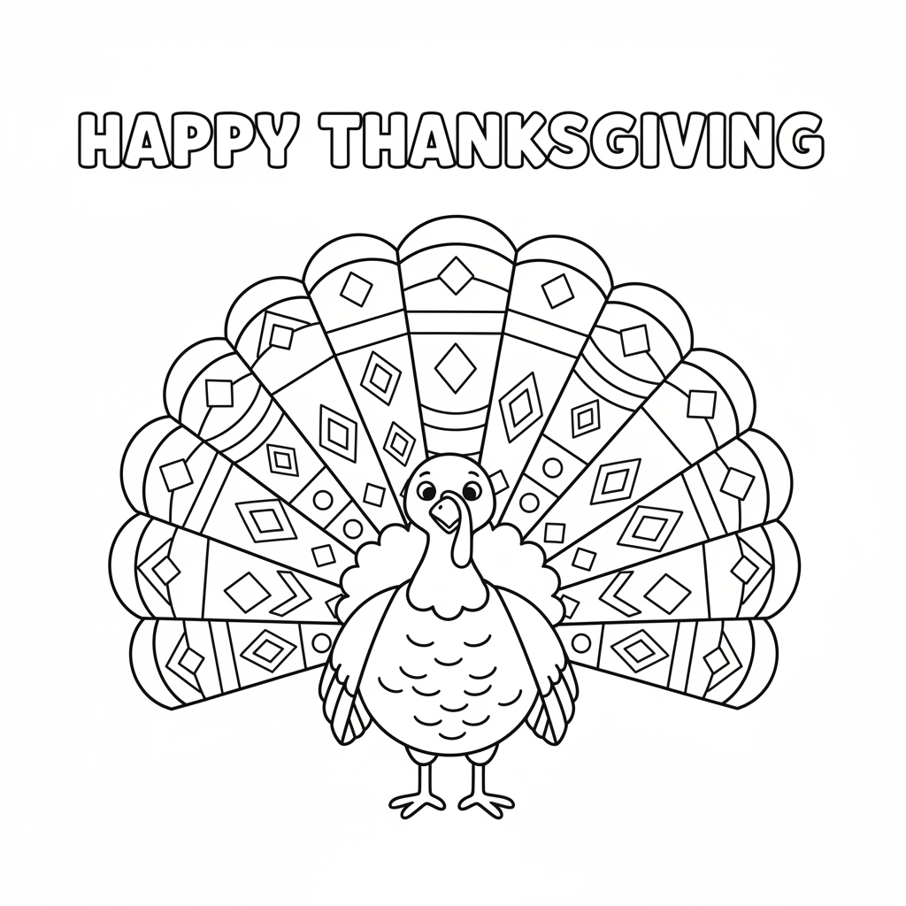 Turkey displaying tail feathers full fan proud colorful - Free Printable Coloring Page