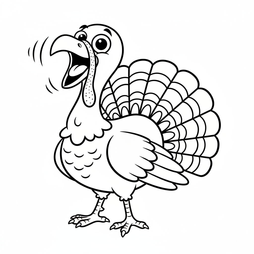 Turkey gobbling with mouth wide open and wattle shaking - Free Printable Coloring Page Turkey gobbling with mouth wide open and wattle shaking - Free Printable Coloring Page