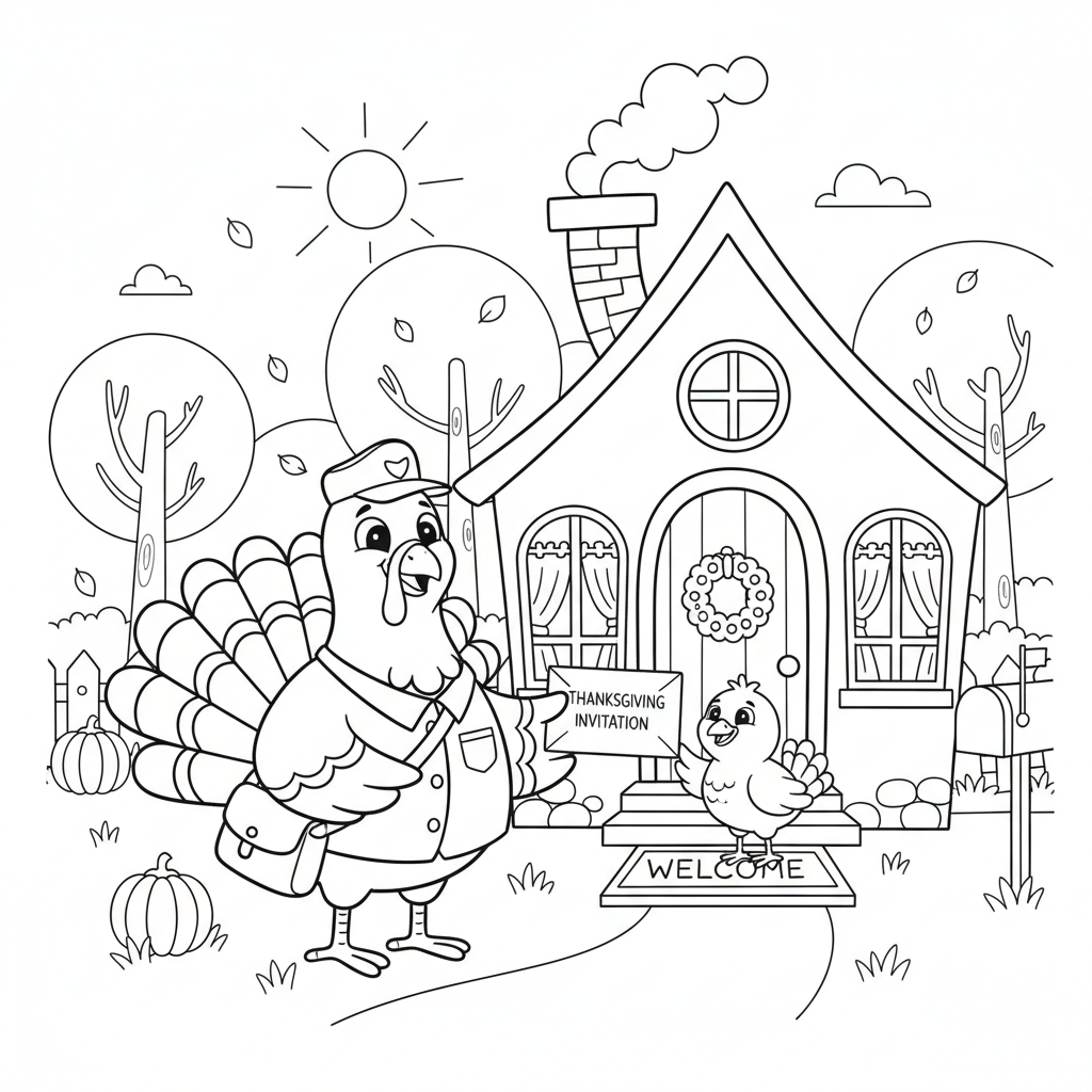 Turkey mailman delivering Thanksgiving invitations door to door - Free Printable Coloring Page