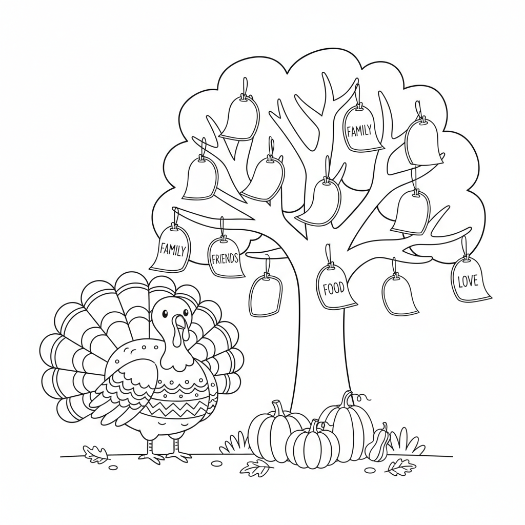 Turkey next to a Thanksgiving thankful tree with leaf notes hanging from branches - Free Printable Coloring Page Turkey next to a Thanksgiving thankful tree with leaf notes hanging from branches - Free Printable Coloring Page