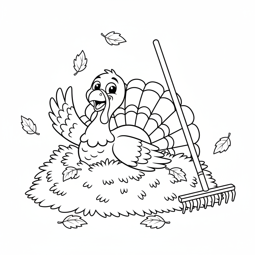 Turkey playing in a pile of raked autumn leaves with a rake nearby - Free Printable Coloring Page Turkey playing in a pile of raked autumn leaves with a rake nearby - Free Printable Coloring Page