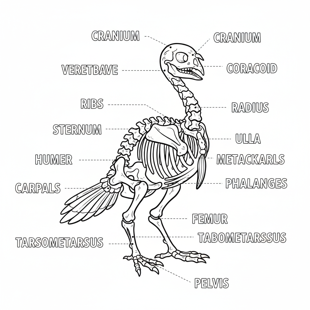 Turkey skeleton and bone structure educational diagram with labeled parts - Free Printable Coloring Page