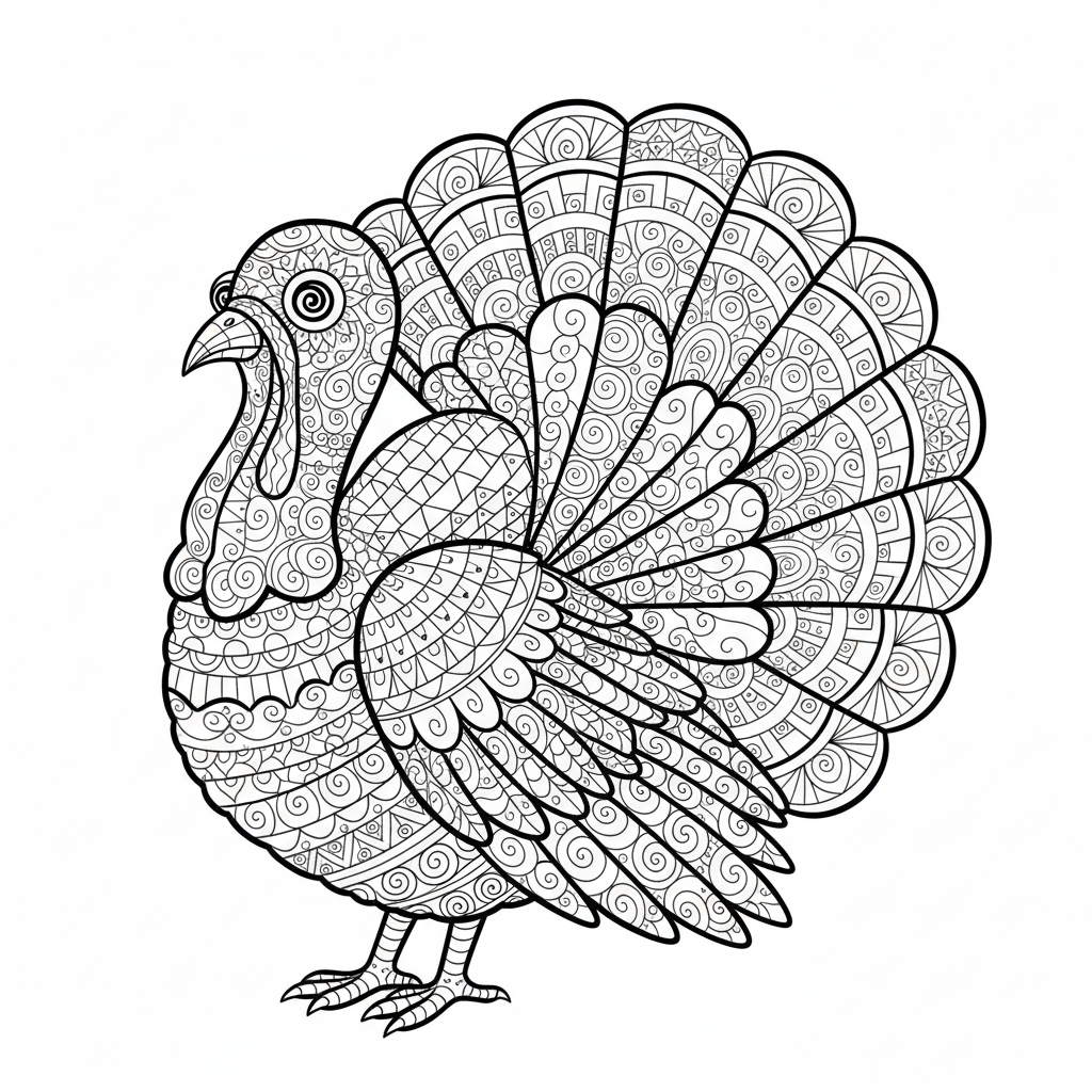 Turkey zentangle with geometric patterns swirls and detailed line work throughout body and tail - Free Printable Coloring Page