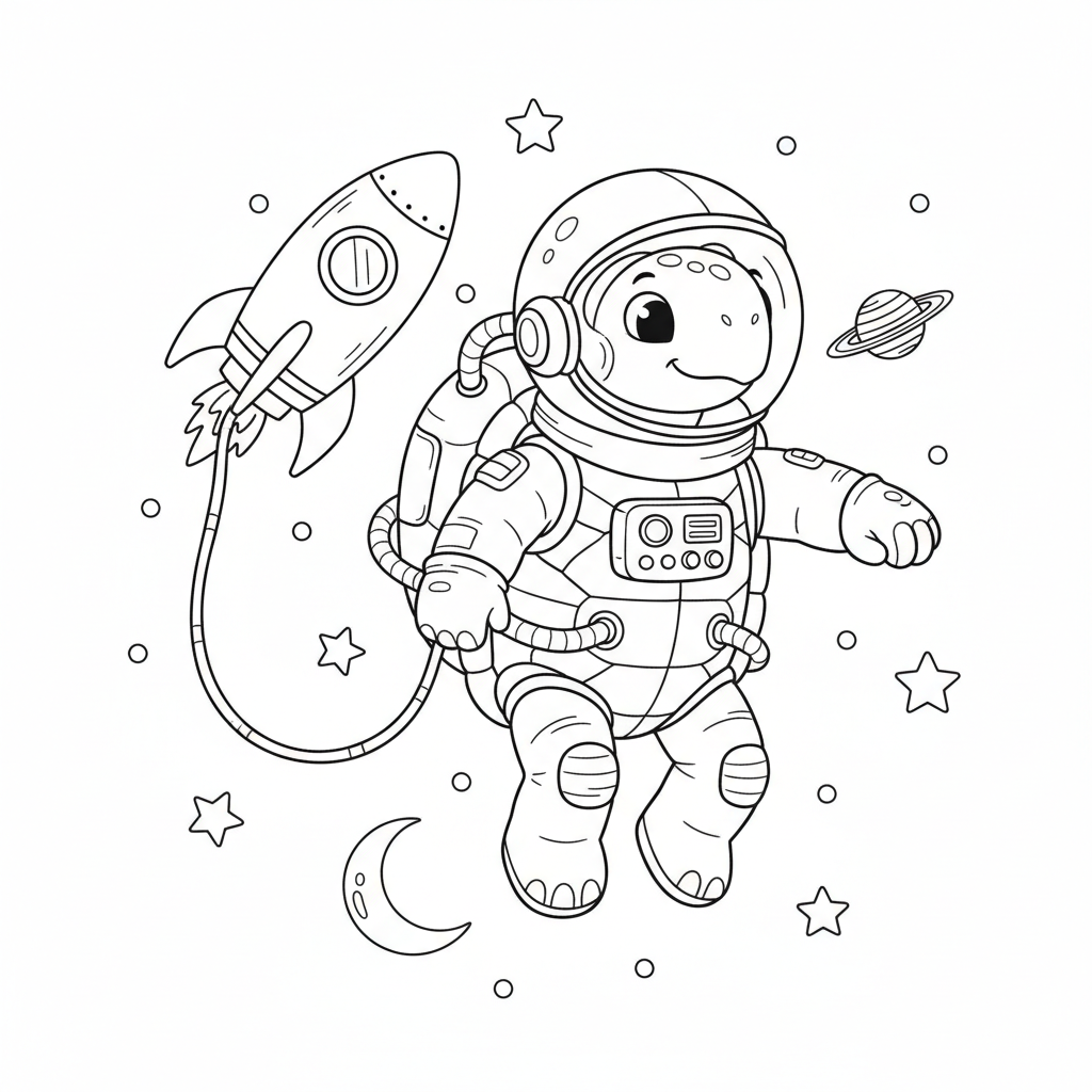 Combinaison spatiale de l'astronaute tortue flottant - Coloriage gratuit à imprimer