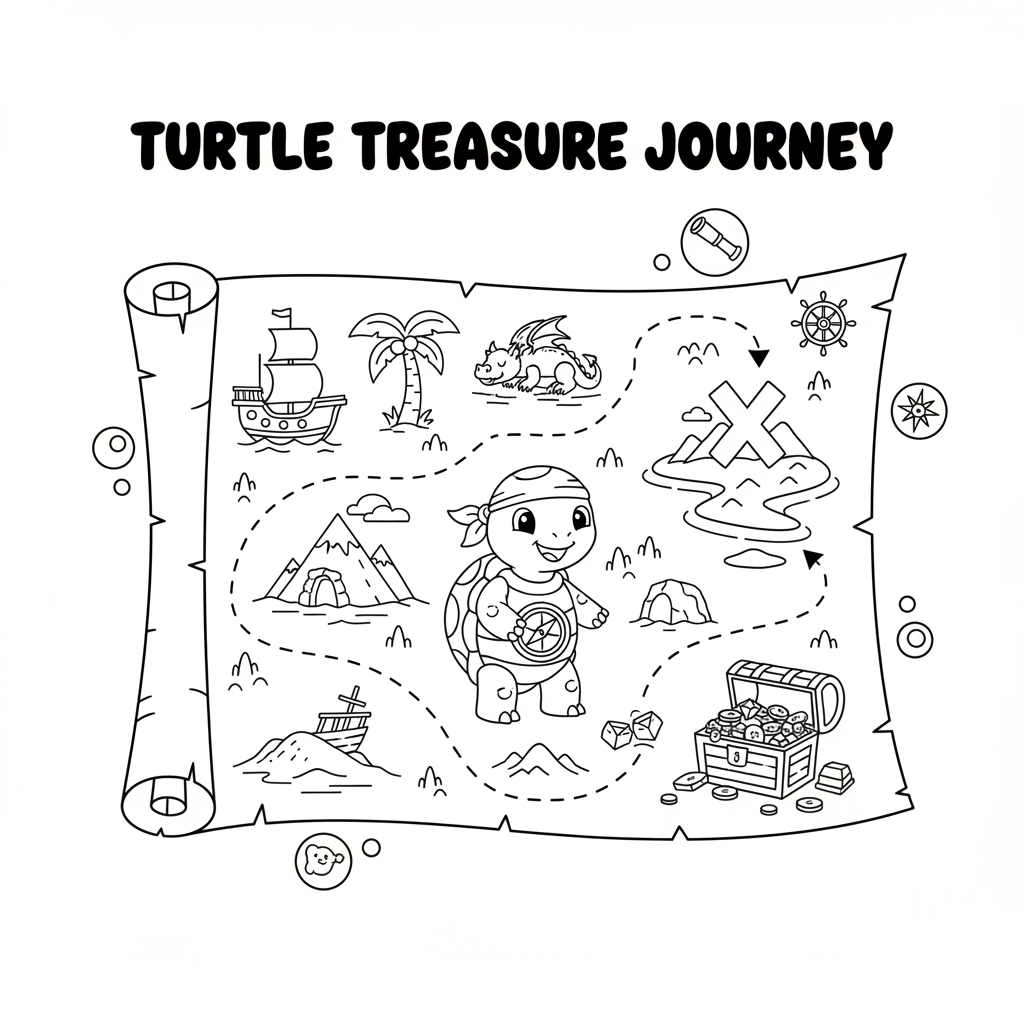 Turtle explorer adventure map treasure journey - Free Printable Coloring Page Turtle explorer adventure map treasure journey - Free Printable Coloring Page