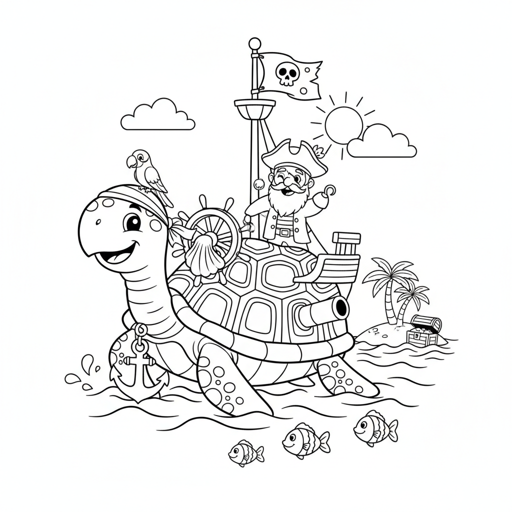 Aventura de navegación en barco pirata tortuga - Página para colorear gratis Aventura de navegación en barco pirata tortuga - Página para colorear gratis