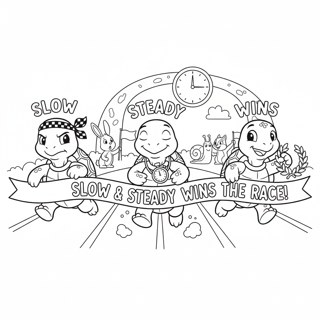 Turtle racing competition slow and steady determined - Free Printable Coloring Page Turtle racing competition slow and steady determined - Free Printable Coloring Page