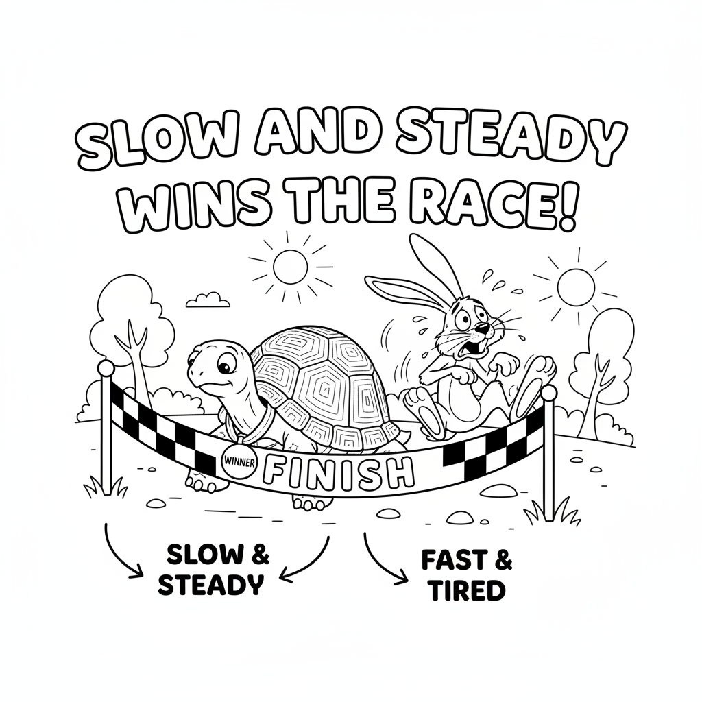 Turtle racing hare determined slow and steady wins race - Free Printable Coloring Page