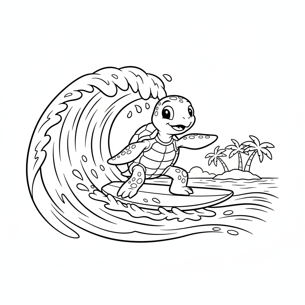 Turtle surfing on ocean wave riding current cool pose - Free Printable Coloring Page