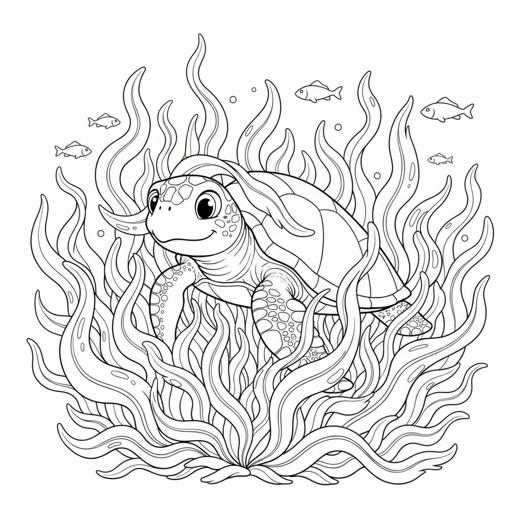 Tartaruga che nuota nascondendosi nella foresta di alghe - Disegno da colorare gratuito Tartaruga che nuota nascondendosi nella foresta di alghe - Disegno da colorare gratuito