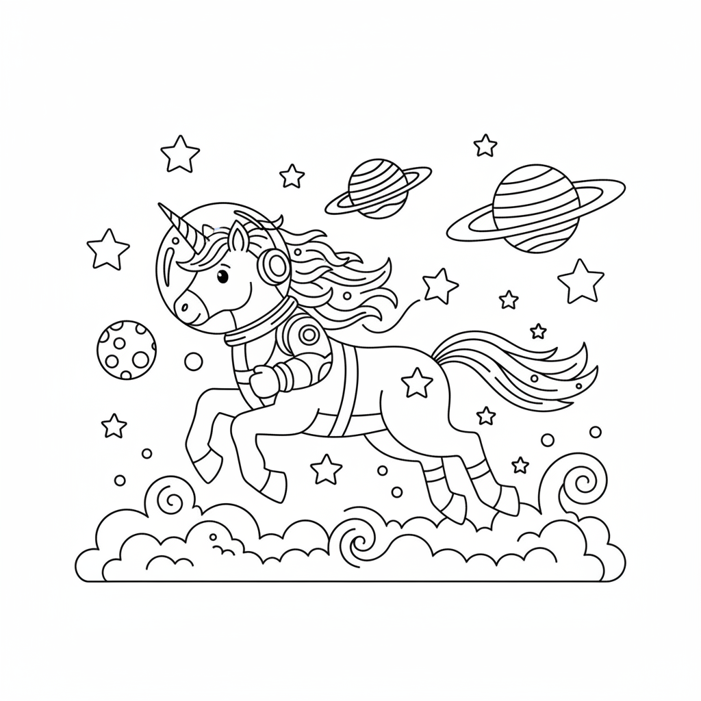 Astronauta unicornio galopando a través de estrellas y planetas galácticos - Página para colorear gratis Astronauta unicornio galopando a través de estrellas y planetas galácticos - Página para colorear gratis