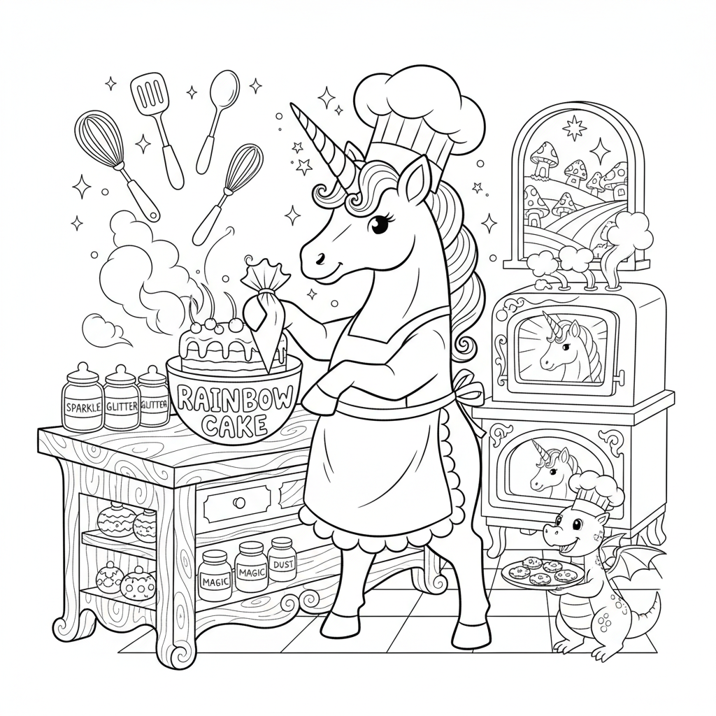 Eenhoornkok bakt regenboogtaart in een magische keuken - Gratis afdrukbare kleurplaat Eenhoornkok bakt regenboogtaart in een magische keuken - Gratis afdrukbare kleurplaat