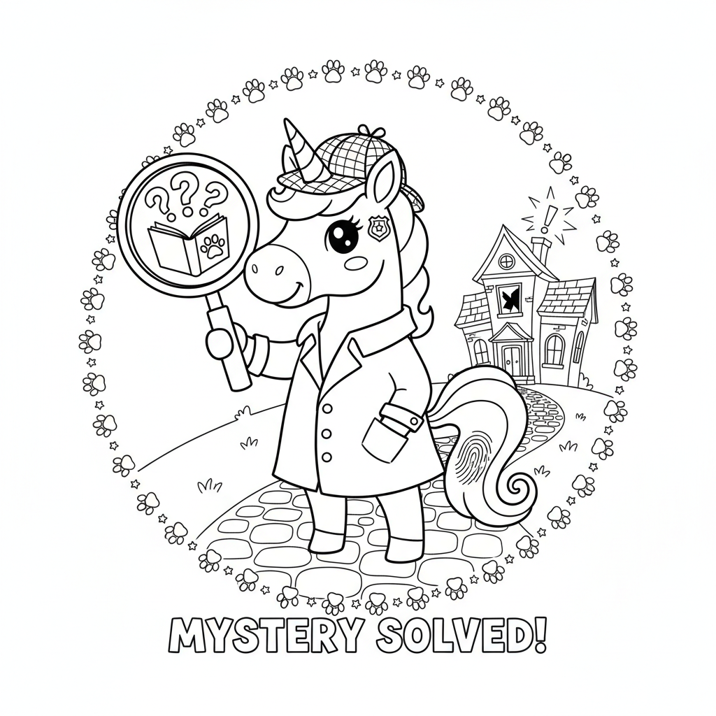 Unicorn detective mystery magnifying glass solving case - Free Printable Coloring Page Unicorn detective mystery magnifying glass solving case - Free Printable Coloring Page