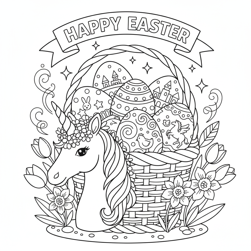 Unicorn Easter basket eggs spring magical holiday - Free Printable Coloring Page Unicorn Easter basket eggs spring magical holiday - Free Printable Coloring Page