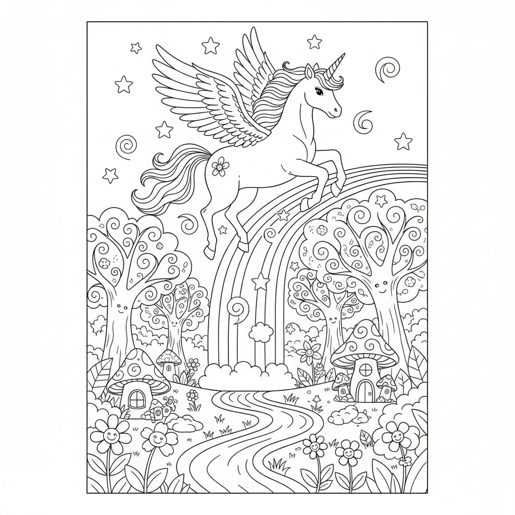 Eenhoorn vliegt over een regenboogwaterval, een magisch boslandschap. - Gratis afdrukbare kleurplaat Eenhoorn vliegt over een regenboogwaterval, een magisch boslandschap. - Gratis afdrukbare kleurplaat