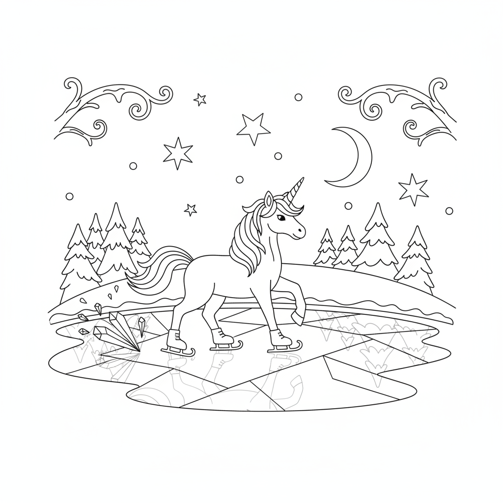 Einhorn läuft Schlittschuh auf einem zugefrorenen Kristallsee in einer Winternacht - Kostenloses druckbares Ausmalbild Einhorn läuft Schlittschuh auf einem zugefrorenen Kristallsee in einer Winternacht - Kostenloses druckbares Ausmalbild