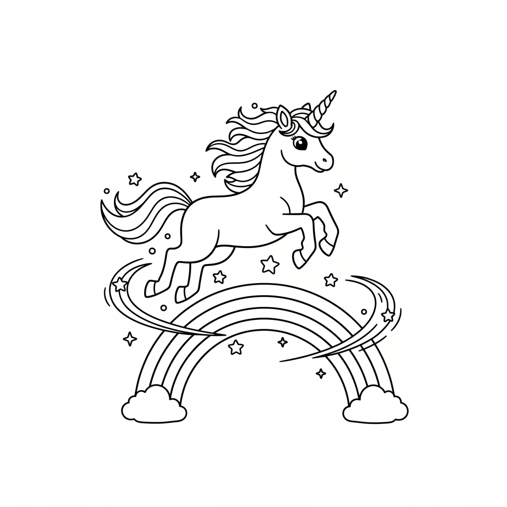 Unicorn jumping over rainbow arc magical leaping - Free Printable Coloring Page Unicorn jumping over rainbow arc magical leaping - Free Printable Coloring Page