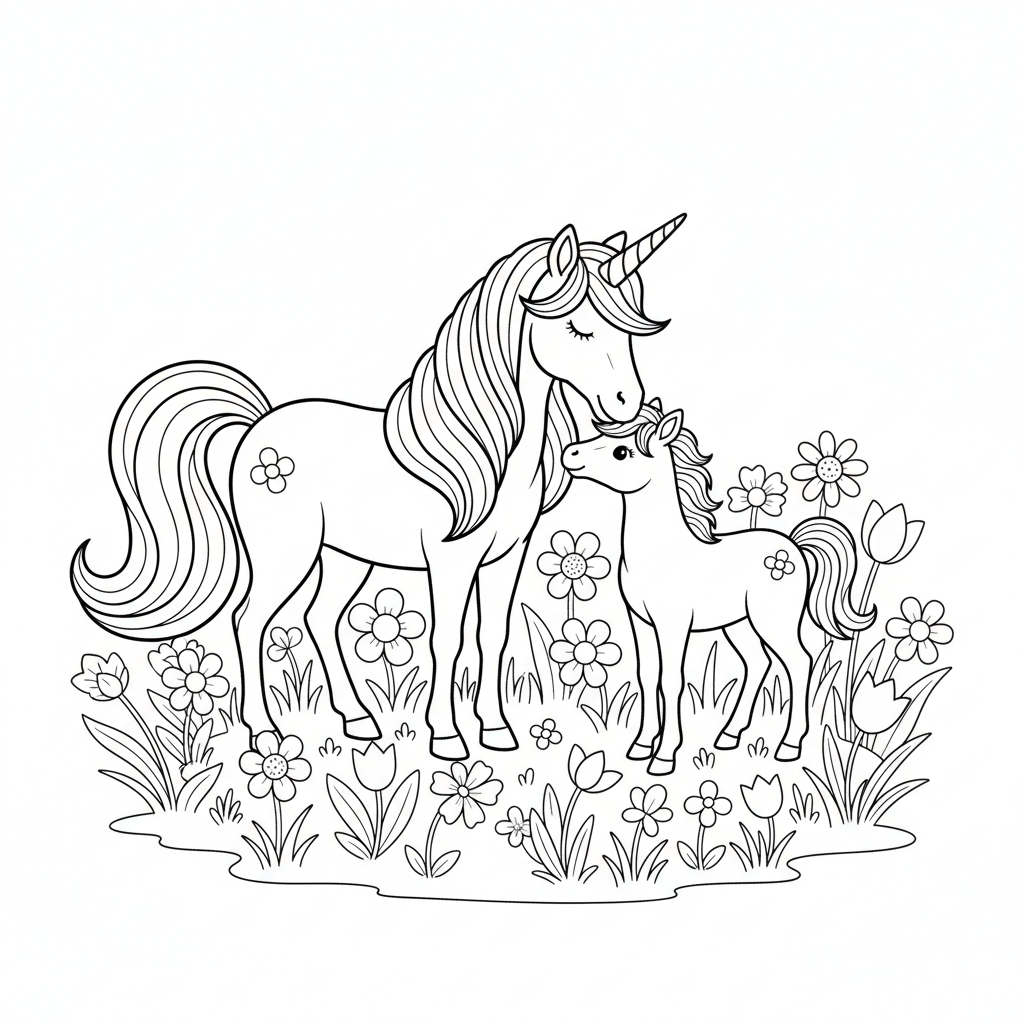 Einhornmutter und Fohlen kuscheln sich auf einer Blumenwiese - Kostenloses druckbares Ausmalbild Einhornmutter und Fohlen kuscheln sich auf einer Blumenwiese - Kostenloses druckbares Ausmalbild