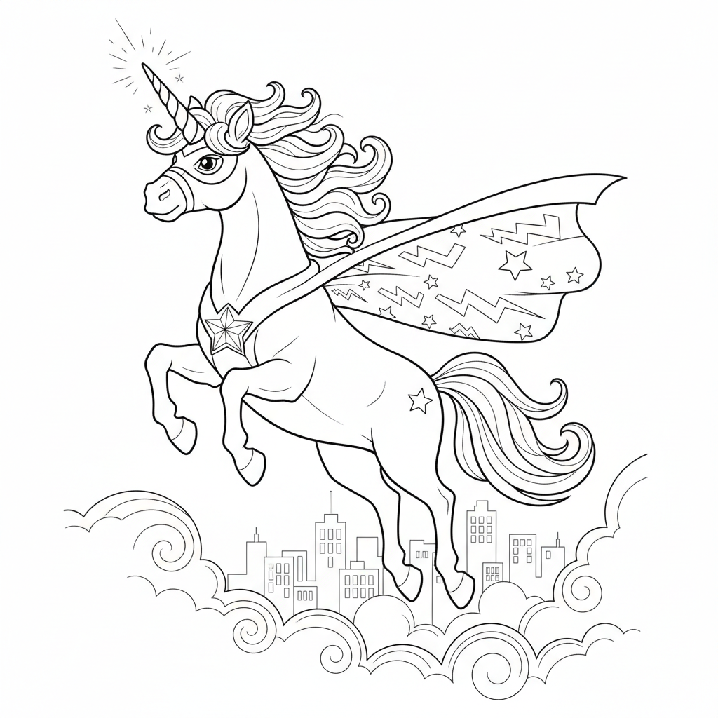 Unicorn Superhero Flying - Free Printable Coloring Page Unicorn Superhero Flying - Free Printable Coloring Page