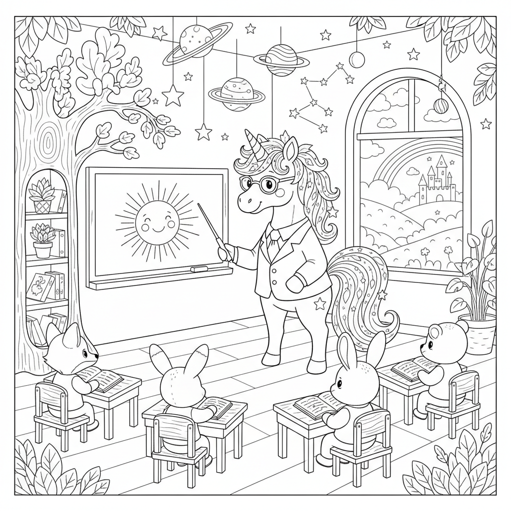 Unicorn Teacher Classroom Coloring Page - Free Printable