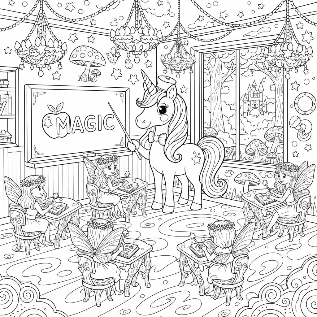 Eenhoornjuf in een sprankelend klaslokaal met feeënleerlingen - Free Printable Coloring Page