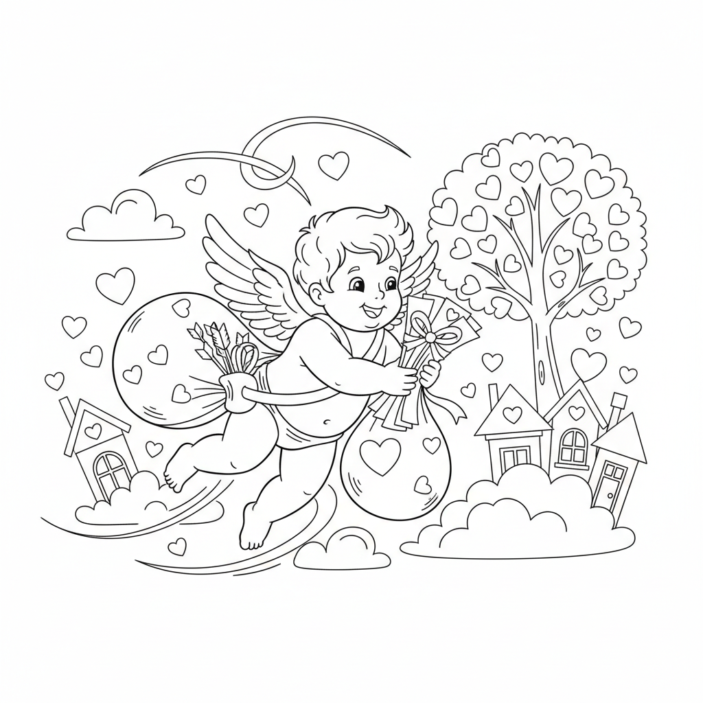 Cupid Delivering Love Letters - Free Printable Coloring Page Cupid Delivering Love Letters - Free Printable Coloring Page