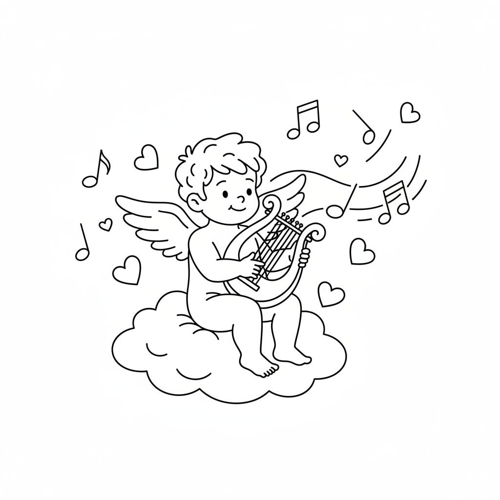 Cupid playing harp music melodic romantic serenade - Free Printable Coloring Page