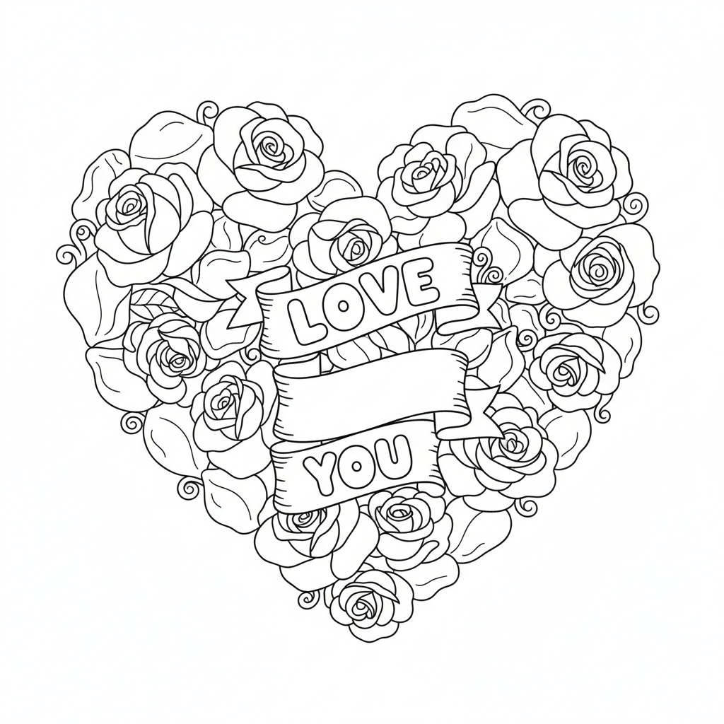 Heart made of rose petals romantic arrangement - Free Printable Coloring Page