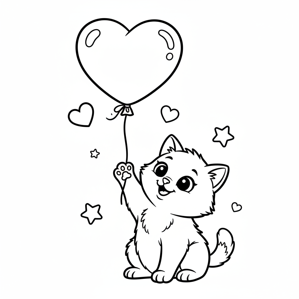Kitten with heart balloon playful cute love - Free Printable Coloring Page