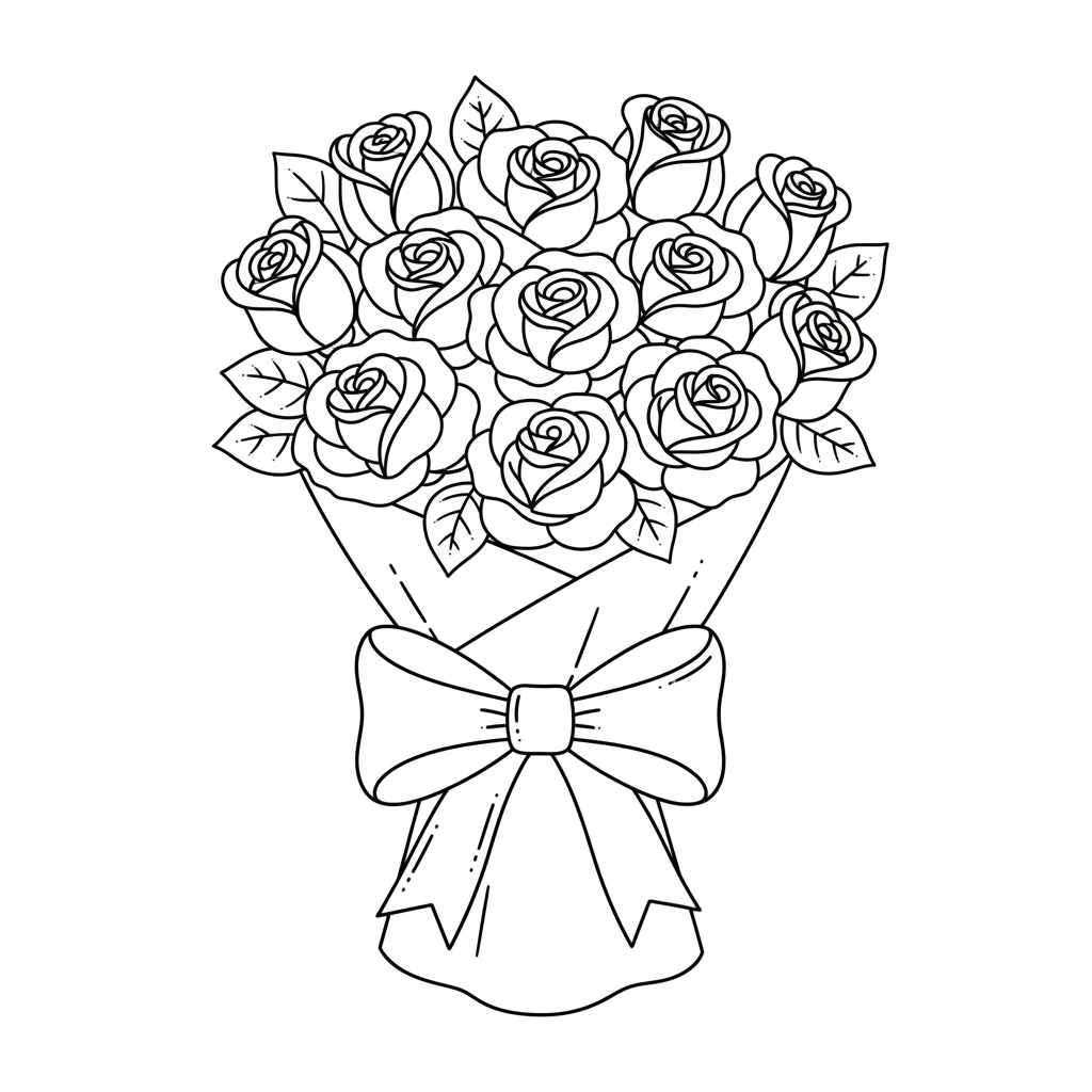 Rose bouquet wrapped with ribbon elegant gift - Free Printable Coloring Page