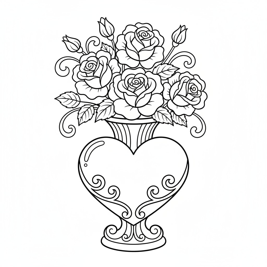Rose in heart shaped vase decorative container - Free Printable Coloring Page