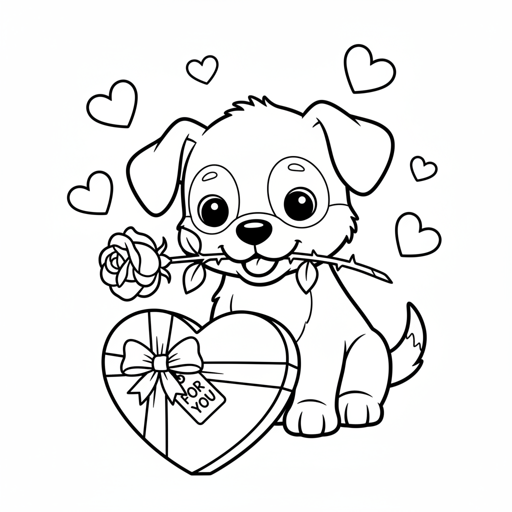 Cucciolo di San Valentino che tiene una rosa in bocca, regalo adorabile - Free Printable Coloring Page