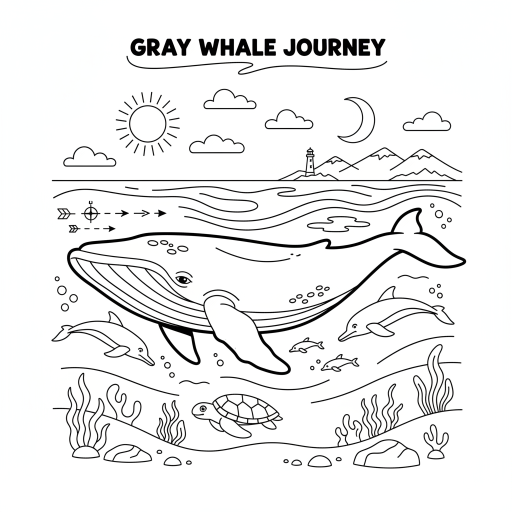 Gray whale migration journey long distance travel - Free Printable Coloring Page