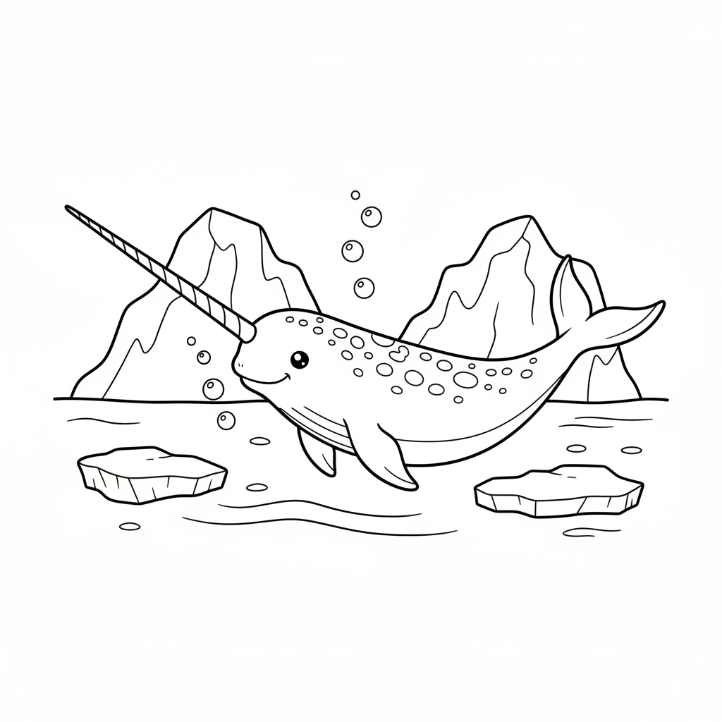 Narwhal unicorn of sea tusk swimming arctic - Free Printable Coloring Page