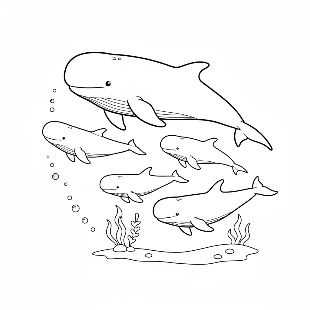 Gruppo familiare sociale di balena pilota che nuota - Disegno da colorare gratuito Gruppo familiare sociale di balena pilota che nuota - Disegno da colorare gratuito