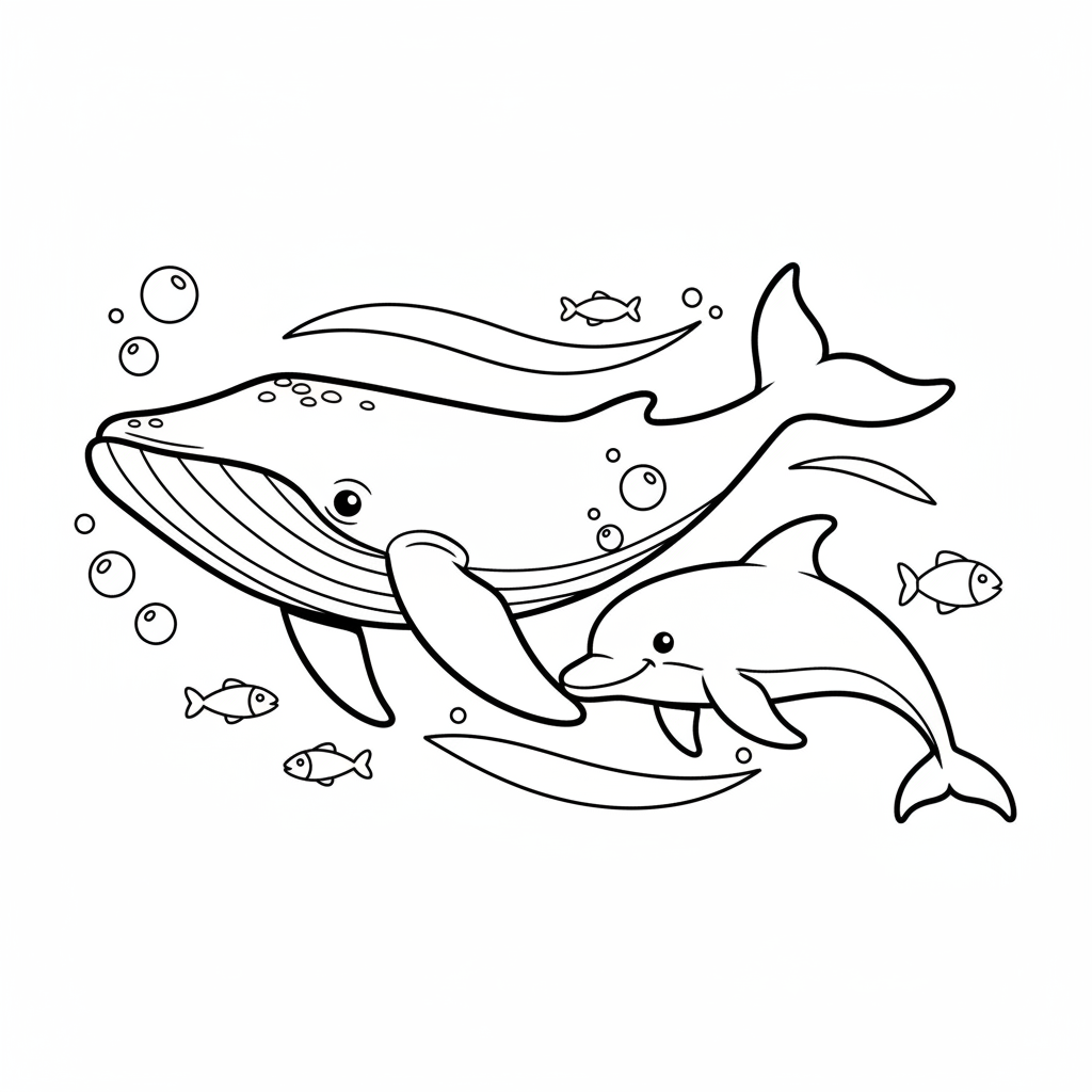 Val och delfin tillsammans marina däggdjur simmar - Gratis utskrivbar målarbild Val och delfin tillsammans marina däggdjur simmar - Gratis utskrivbar målarbild