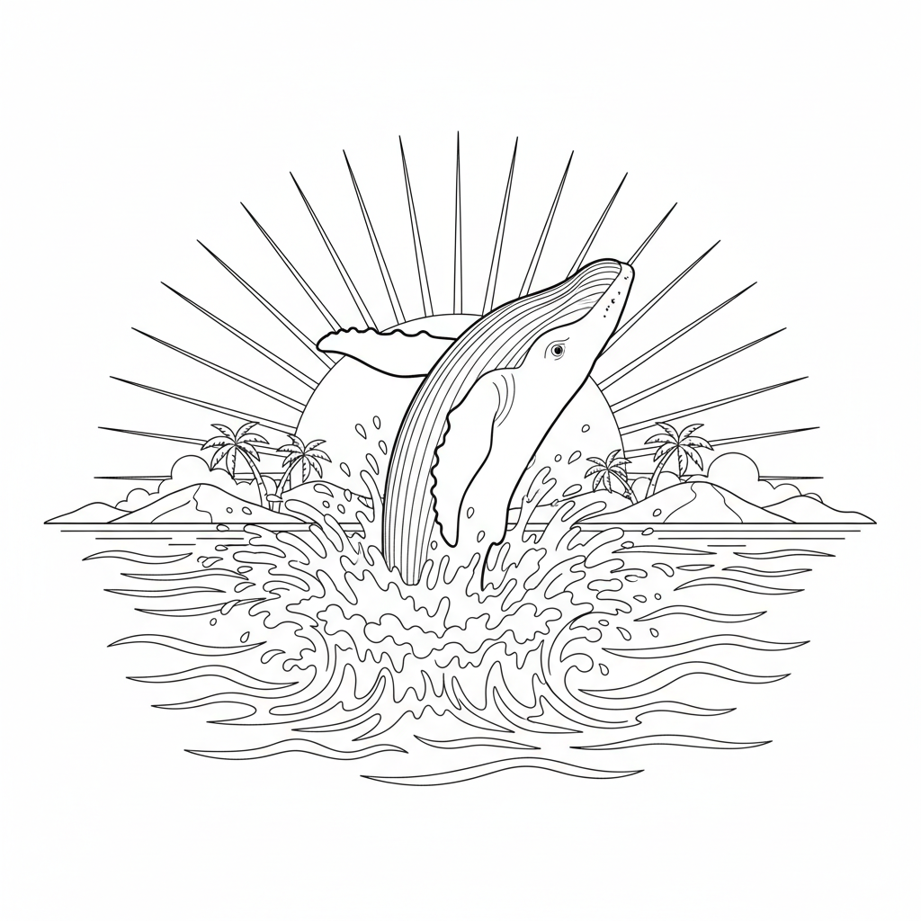 Val bryter sig ur vattnet dramatiskt plask solnedgång - Free Printable Coloring Page