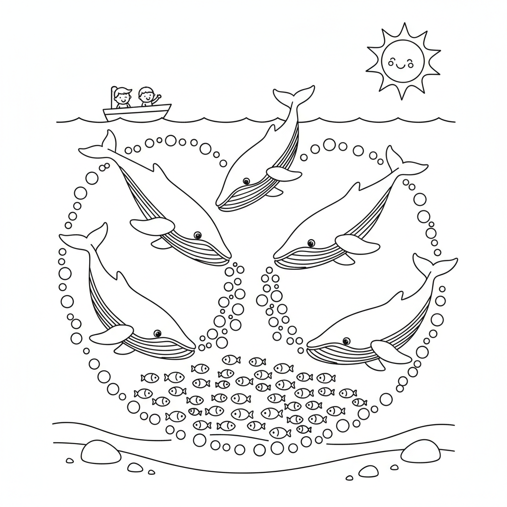 Whale bubble net feeding coöperatieve jachtstrategie - Gratis afdrukbare kleurplaat Whale bubble net feeding coöperatieve jachtstrategie - Gratis afdrukbare kleurplaat