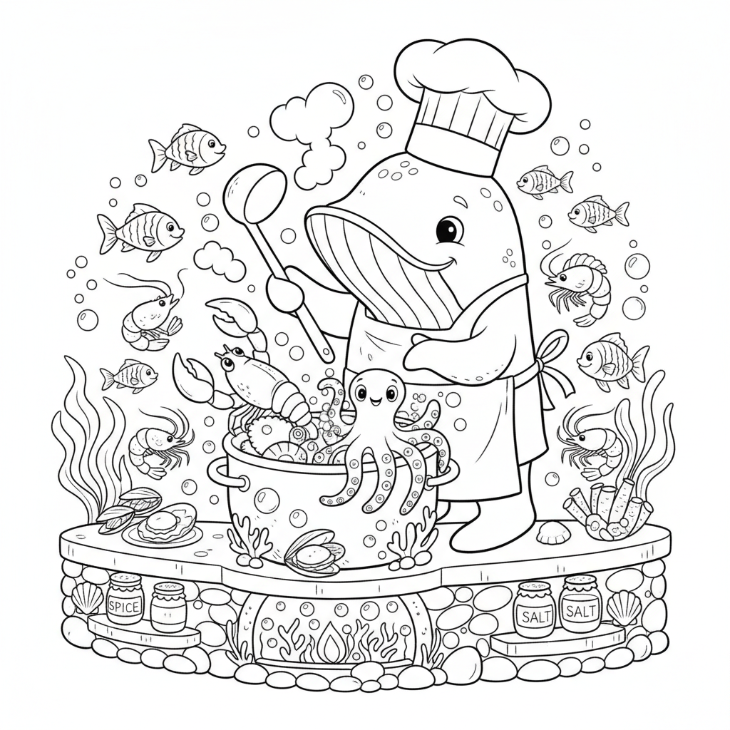 Valkock lagar mat jättelik skaldjursfest undervattenskök - Free Printable Coloring Page